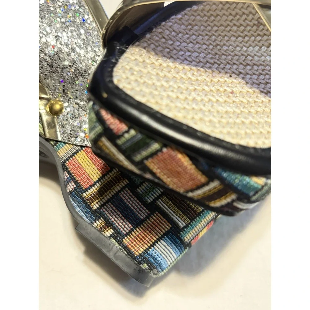 Glitter Slide Sandals Geometric Multicolor Silver Block Heel Straps Women's 7